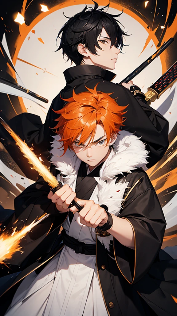 Teenager. Male. Orange hair. Black irises. Round face. Black samurai robe with gold linings. White overcoat. Giant paint brush as weapon.