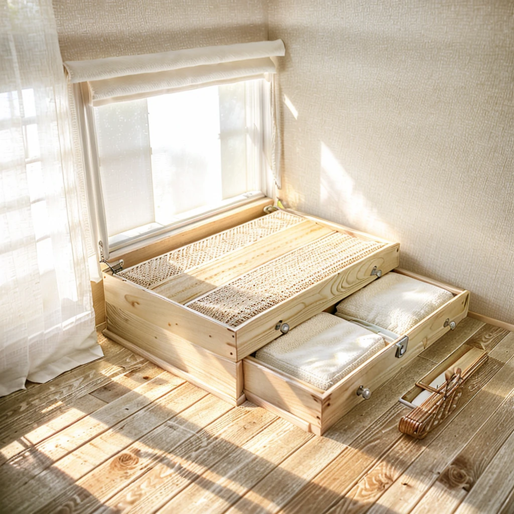 Comfort Room,White curtains,Soft sunshine,Linen floor coverings,Textured,Light filter,Watch Storage Box,Wood grain gloss,Peaceful and tranquil,Wall Still Life,Elegant decoration,Half-open windows,light breeze,Turn the pages,Peaceful atmosphere,Warm and comfortable living atmosphere。