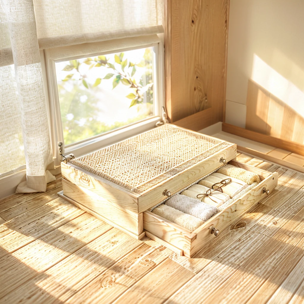 Comfort Room,White curtains,Soft sunshine,Linen floor coverings，Textured，Light filter，Watch Storage Box,Wood grain gloss,Peaceful and tranquil,Wall Still Life,Elegant decoration,Half-open windows,light breeze,Turn the pages,Peaceful atmosphere,Warm and comfortable living atmosphere。