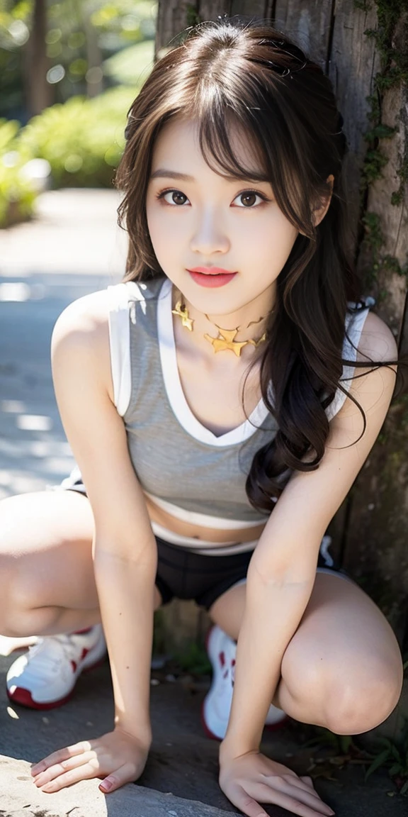masterpiece, best quality, Surreal, Ultra Detailed, 8k resolution, RAW photos, Clear focus, (A girl in the forest), ((light gray shirt)), sleeveless, sports Shorts,, Solitary, Perfect body, Perfect body, Playful and flirty pose，((The calves are straight and thin，Wear high-end brand colored sneakers，))，Bangs to eyebrows、Beautiful brown hair、Beautiful and delicate eyes、Brown eyes、Raise an eyebrow、Bangs to eyebrows、Beautiful brown hair、Beautiful and delicate eyes、Brown eyes、Raise an eyebrow、High Nose、Small nostril、Little mouth、Tempting lips、Mouth slightly open、Beautiful breasts、Full body、Oval face,Phoenix Eyes，Eyebrow， Double eyelids, Long eyelashes, A faint smile, ，She has a pair of eyes as clear as water，Eyebrows are like distant mountains，Creamy skin，Lips like cherry blossoms。Her beauty is not only in appearance，It&#39;s more about her fragile yet tenacious temperament，Like a hibiscus flower swaying in the wind，It's pitiful， A faint smile, 
 32 inches in the chest,(a charming smile:1), (sexy pose)，26 years old, light,White shoes，