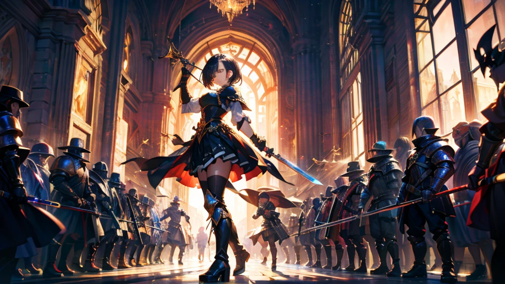 masterpiece, best quality, high quality, detailed, ultra detailed, hyper detailed, insanely detailed, exquisite, beautiful, FHD, Full-HD, 4K, 8K, 16K, highres, absurdres, ((1girl)), medium shot,mystic knight, serious look, sword fighting, covering one eye, black hair, red eyes, armor, long boots, with a sword, fantasy,hailoknight, holding sword, holding weapon,cowboy shot