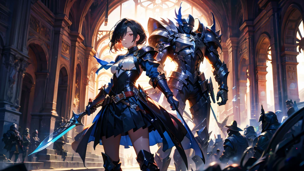 masterpiece, best quality, high quality, detailed, ultra detailed, hyper detailed, insanely detailed, exquisite, beautiful, FHD, Full-HD, 4K, 8K, 16K, highres, absurdres, ((1girl)), medium shot,mystic knight, serious look, sword fighting, covering one eye, black hair, red eyes, armor, long boots, with a sword, fantasy,hailoknight, holding sword, holding weapon,cowboy shot