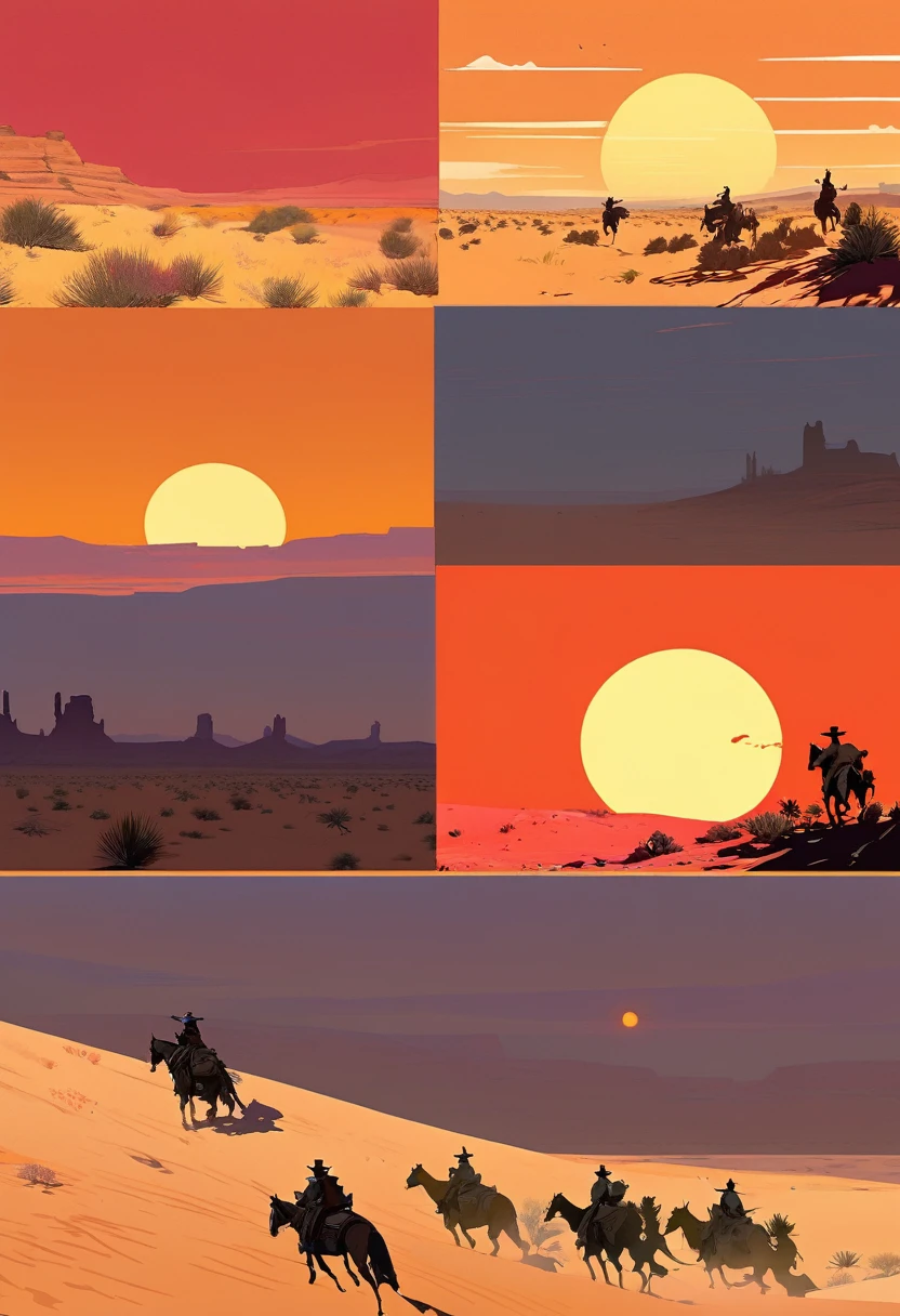 score_9, score_8_up, score_7_up, score_6_up, score_5_up, score_4_up, 1man, Western, Desert, red sun, scorching sun, arid, Horizon, far away, Wild West, red dead Redemption, cartoon art style, 