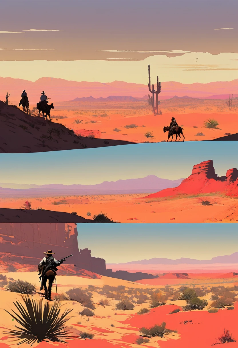 score_9, score_8_up, score_7_up, score_6_up, score_5_up, score_4_up, 1man, Western, Desert, red sun, scorching sun, arid, Horizon, far away, Wild West, red dead Redemption, cartoon art style,