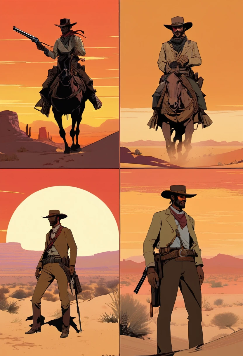 score_9, score_8_up, score_7_up, score_6_up, score_5_up, score_4_up, 1man, Western, Desert, red sun, scorching sun, arid, Horizon, far away, Wild West, red dead Redemption, cartoon art style, 