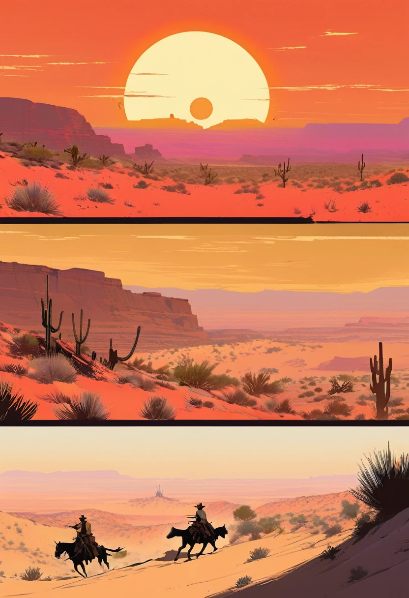 score_9, score_8_up, score_7_up, score_6_up, score_5_up, score_4_up, 1man, Western, Desert, red sun, scorching sun, arid, Horizon, far away, Wild West, red dead Redemption, cartoon art style, 
