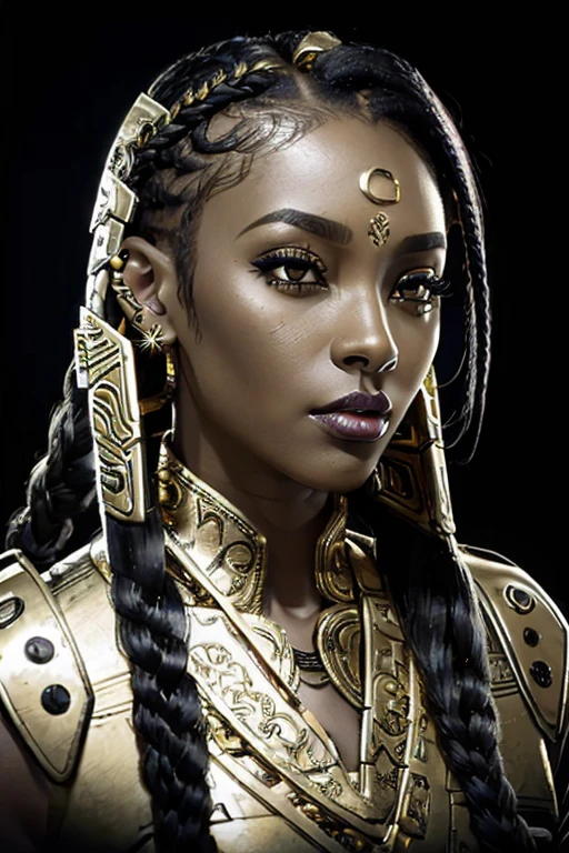 African Woman, Black Woman, In Her late twenties, mechaarmor, ssahc, Braided hair, lip ring piercing, gold necklace, Cyberpunk background, visible face, black and gold armor, nose ring piercing, piercings