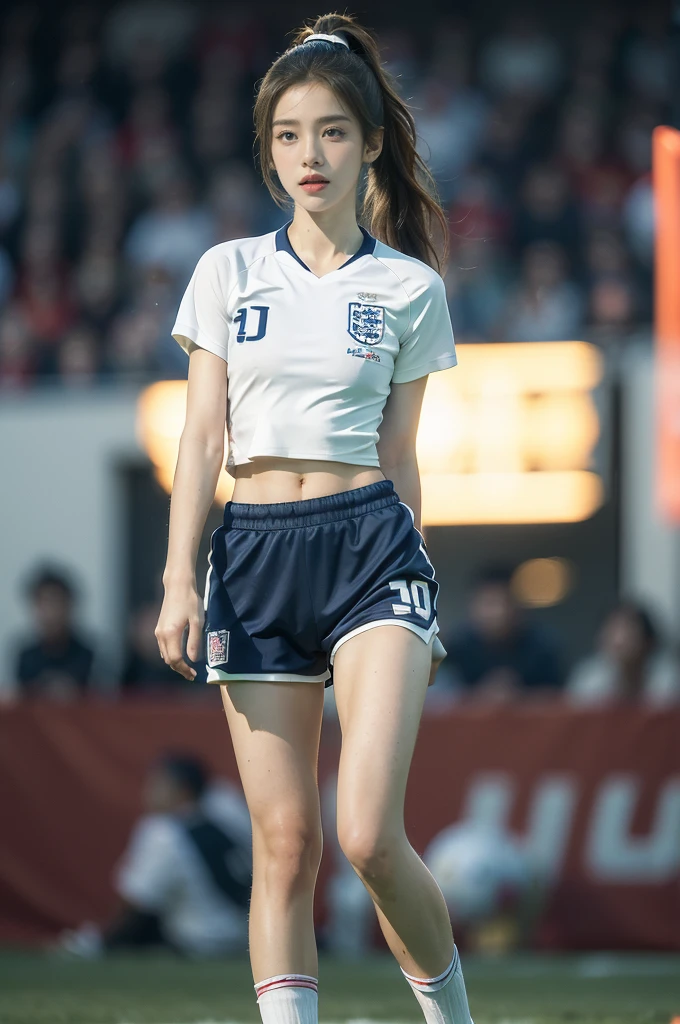 (((best quality))),(((ultra detailed))),(((masterpiece))),illustration,((1 beautiful girl,female footballer,solo)),((small breasts,flat chest)),((slim,thin)),summer night,stadium,crowded stands,enthusiastic spectators,football match,(short ponytail:1.2),(short sleeves:1.2),((England team kit,white shirt,Navy shorts)),(slender legs:1.2),(football:1.3),fluid movements,powerful,sweat,forehead,exhaustion,passion for football,purposeful running,electric atmosphere,crowd roar,critical juncture,pressure,undeterred,floodlights,luminous glow,long shadows,drama,breathtaking sight,raw passion,unbridled energy,determination,skill,embodiment of sport's spirit,strength,resilience of human spirit,(standing:1.3),((from front,upper body))