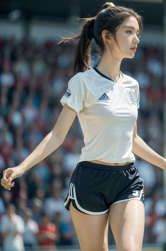 (((best quality))),(((ultra detailed))),(((masterpiece))),illustration,((1 beautiful girl,female footballer,solo)),((small breasts,flat chest)),((slim,thin)),summer night,stadium,crowded stands,enthusiastic spectators,football match,(short ponytail:1.2),(short sleeves:1.2),((England team kit,white shirt,Navy shorts)),(slender legs:1.2),(football:1.3),fluid movements,powerful,sweat,forehead,exhaustion,passion for football,purposeful running,electric atmosphere,crowd roar,critical juncture,pressure,undeterred,floodlights,luminous glow,long shadows,drama,breathtaking sight,raw passion,unbridled energy,determination,skill,embodiment of sport's spirit,strength,resilience of human spirit,(standing:1.3),((from front,upper body))