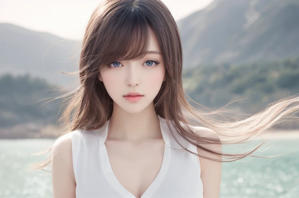 {{a extremely delicate and beautiful girl}}, {{extremely delicate and beautiful girl}}, {{{soft focus}}}, {{{perfect details}}}, {{{detailed and beautiful}}}, close shot, looking away, depthoffield, look up to, beautiful detailed fullbody, longuette, {{{woman}}}, young, Bob hair, spiked hair, wept bangs, grey hair, Perfect face, ?, detailed beautiful eyes, white skin, piercing, harajuku fashion, 白いシャツ,sleeveless shirt, open clothes, landscapes, white background, blurry background, cinematic lighting, flowing transparent white, {{{best masterpiece}}}, {{{best quality}}}, {{{extremely detailed 8K wallpaper}}},