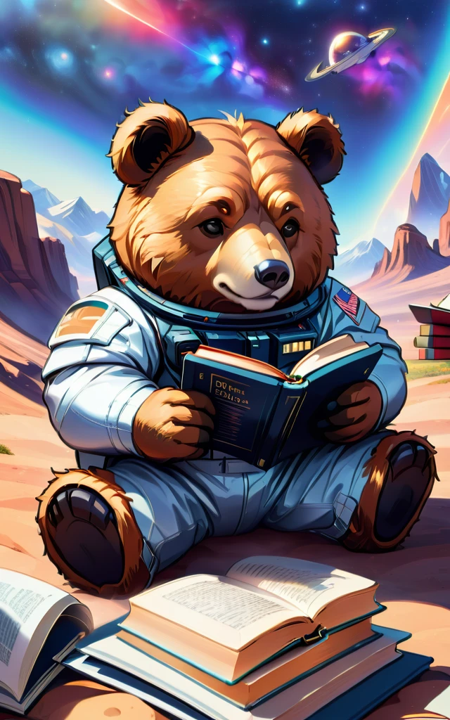 Illustration style，Cool bear lying down holding a book and reading，（Cool space suit）Epic space scenery，Masterpieces in up to 16k resolution，best quality，Extremely detailed，Illustration aesthetic style，