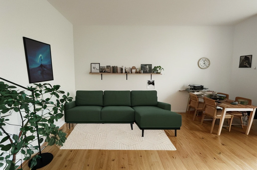 there is a green couch in a living room with a table and chairs, placed in a living room, placed in a large living room, in a living room, 2 d render, flat 2 d, living room, hammershøi, the living room, modern minimalist f 2 0, solid bacgkround, well - appointed space, well-appointed space