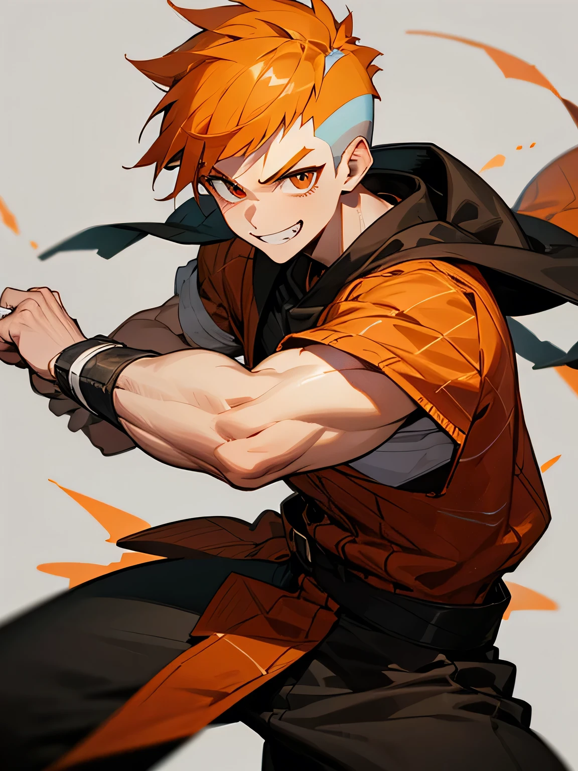solo,looking at viewer,1boy,orange soft Mohawk haircut ,buzz cut,no bangs,big forehead,male's eyes, male's nose, male's mouth,handsome face, manly, grin,plaids pattern clothe,fighting stance,white simple background
