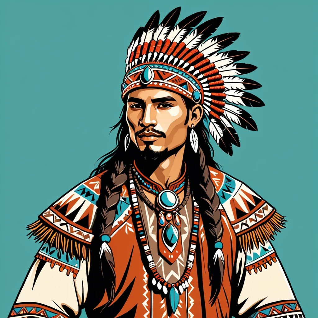 man in native fantasy folk outfit, vector graphics, strong contours