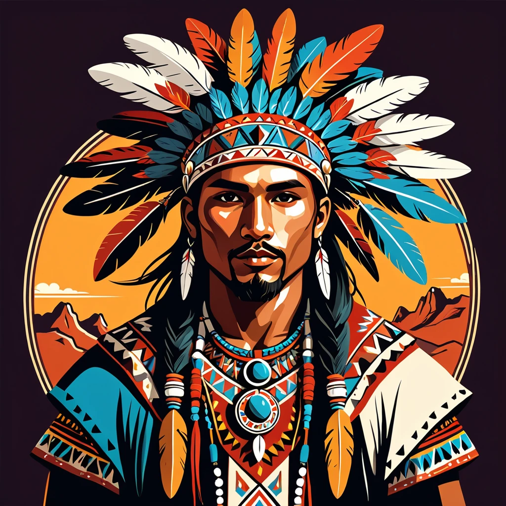man in native fantasy folk outfit, vector graphics, strong contours