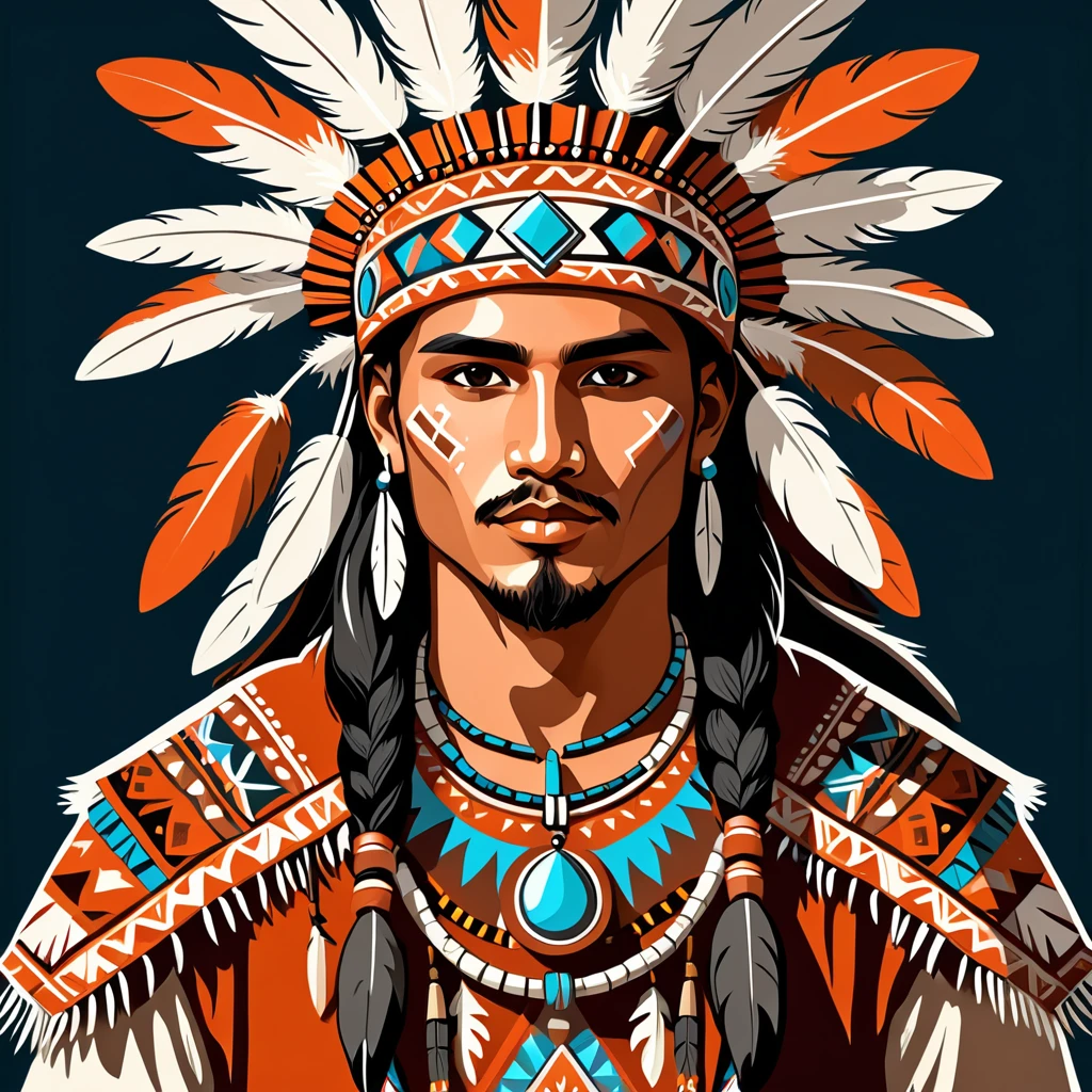 man in native fantasy folk outfit, vector graphics, strong contours