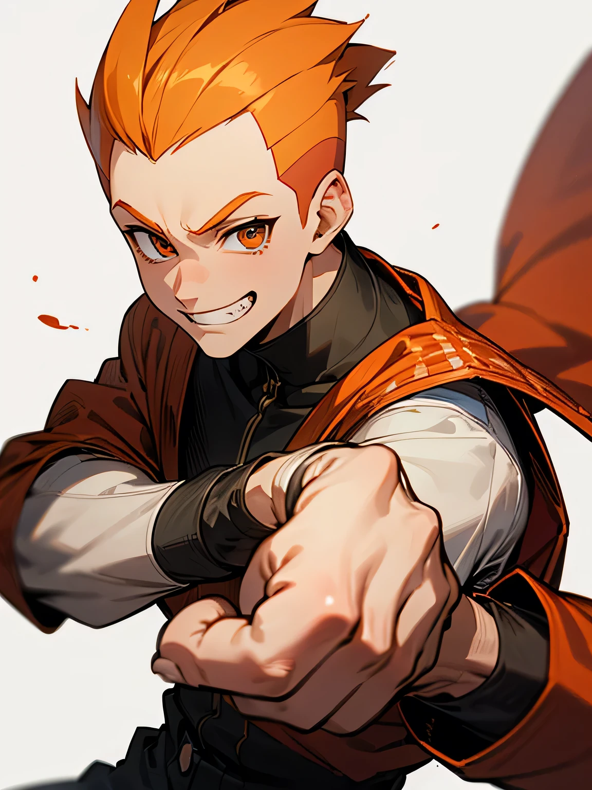 solo,looking at viewer,1boy,orange soft Mohawk haircut ,buzz cut,no bangs,big forehead,male's eyes, male's nose, male's mouth,handsome face, manly, grin,plaids pattern clothe,fighting stance,white simple background