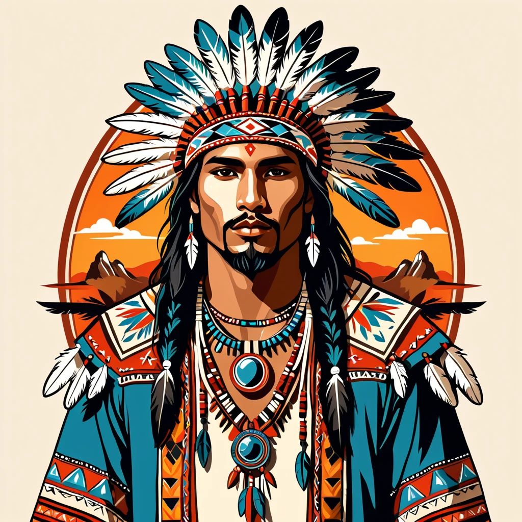 man in native fantasy folk outfit, vector graphics, strong contours