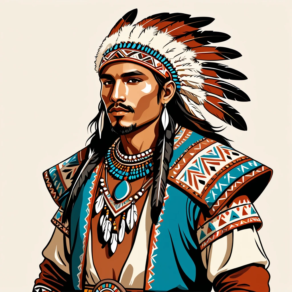 man in native fantasy folk outfit, vector graphics, strong contours
