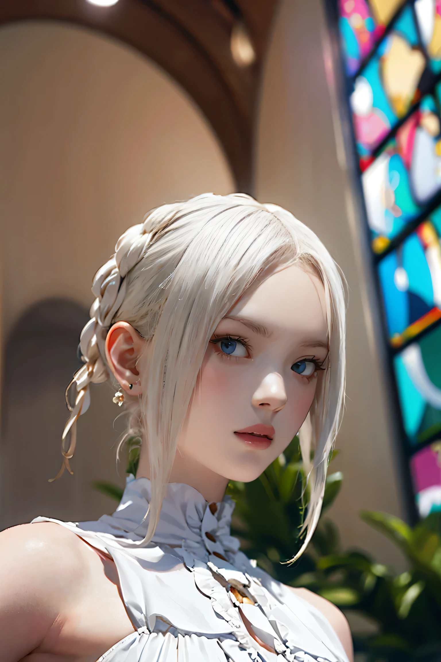 (UHigh resolution, retina, masterpiece, Accurate, Anatomically correct, Textured skin, Super detailed, Attention to detail, high quality, 最high quality, High resolution, 1080P, High resolution, 4K, 8K, 16K), (美しいAttention to detail目, Beautiful lip detail, Highly detailed eyes and face), Studio Lighting, Physically Based Rendering, Vibrant colors, (Gothic Dress), (Portraiture, Shiny Hair, Shiny skin), [Stained Glass Windows, Bokeh], (incline one's head to the side:1.2), Eye Reflexes, (blush:1), (Gothic art, Pale skin:1.5), Big Breasts