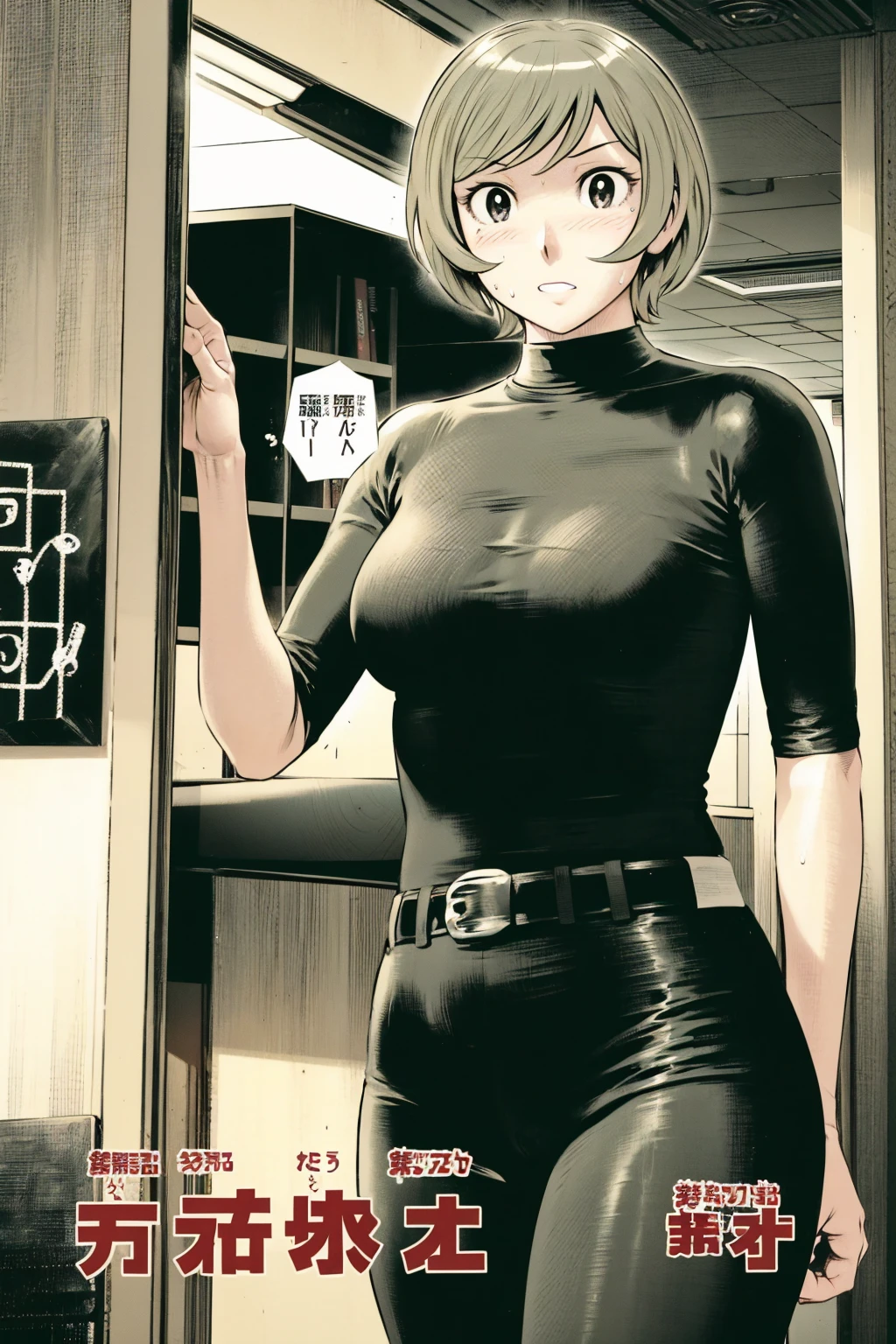 、(masterpiece、Highest quality)、Highest quality, Ultra-high resolution, (((masterpiece))), alone, Sweat、Big eyes,Tight black shirt、Tight white pants、belt、indoor、Composition from the front、(Cut the back hair short、short hair、blonde、woman)、Shortcuts、Embarrassed face、Cut your hair short、可愛いwomanの子、Big Breasts、office