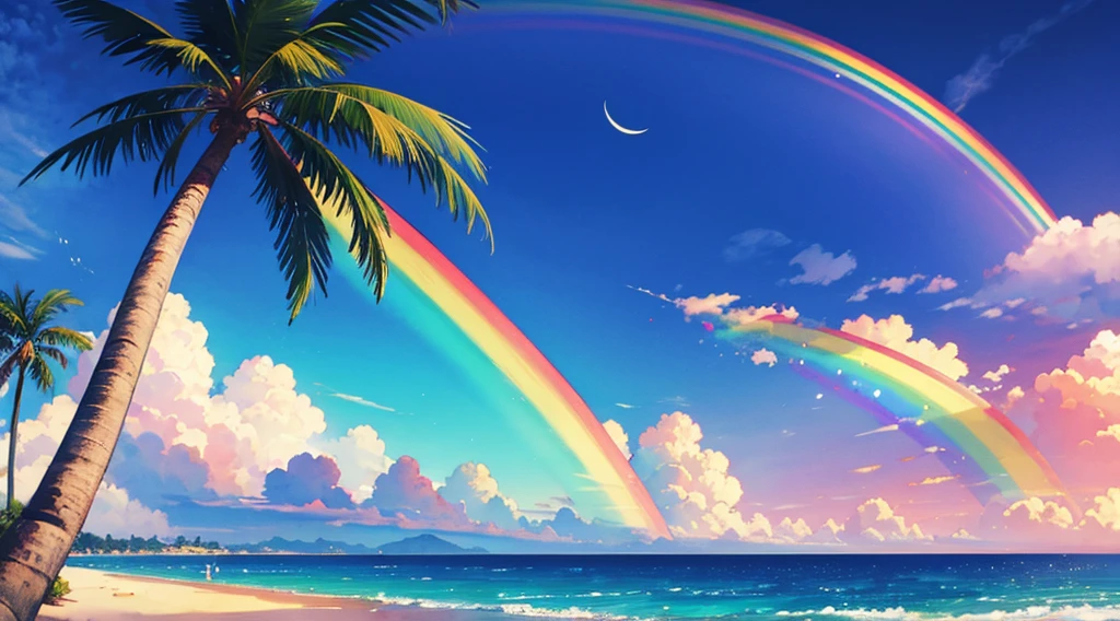 watercolor, rainbow sky, moon, beach, palm tree