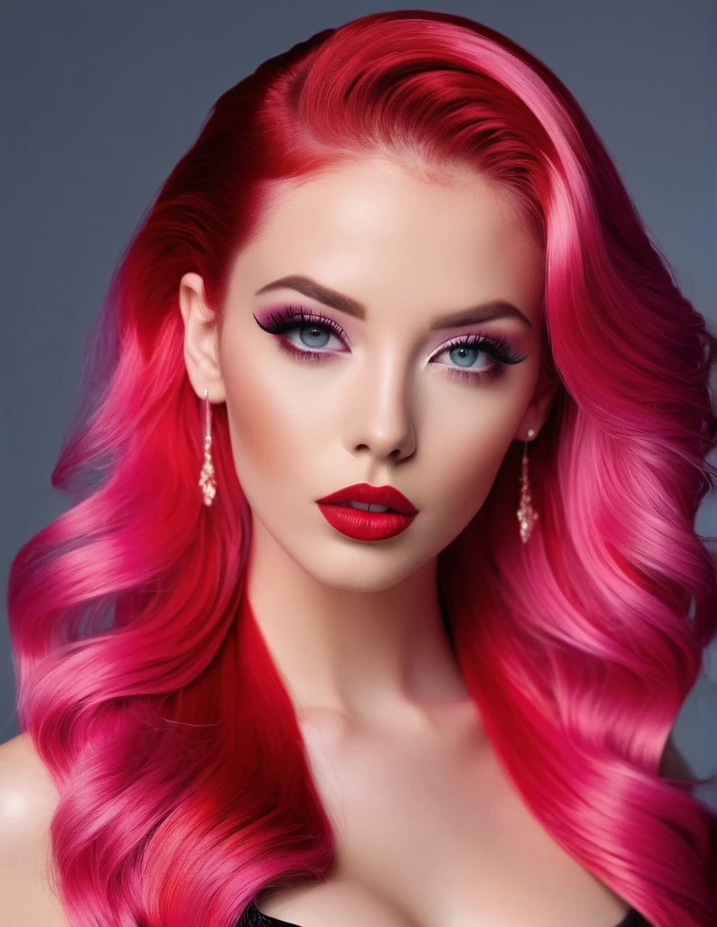 very attractive 25 year old female with long bright pink hair, Red make-up, red lipstick, slicked back hair, Detailed Face, Detailed Lips, Detailed Eyes,