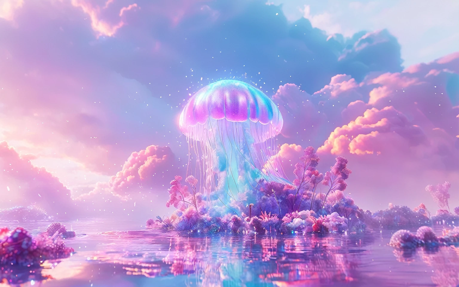 There is a jellyfish floating in the water with clouds in the background, surrounded by fish flying around the sky,3D render beeple, Cyberpunk Jellyfish, Flat Flat Surrealal Ethereal, Superreal, Superreal, Dream Landscape, Beeple Daily Art, Epic Dreamlike Fantasy Landscape, A Superreal, Superreal, Surreal, Surreal, 3D Render, Surreal, Colors, In Style,  Beeple, Vaporwave, Surreal, Dreamscape