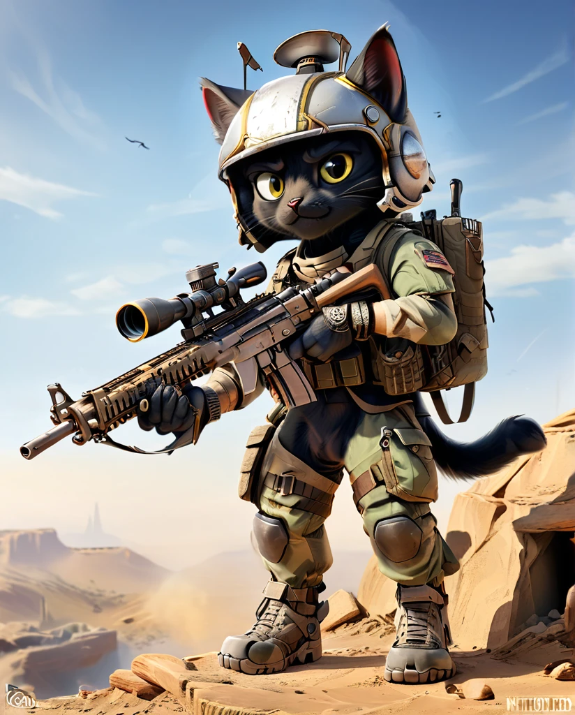 high quality　Kitten practicing shooting(Personification)　He has a rifle.　wearing a helmet　Black cat