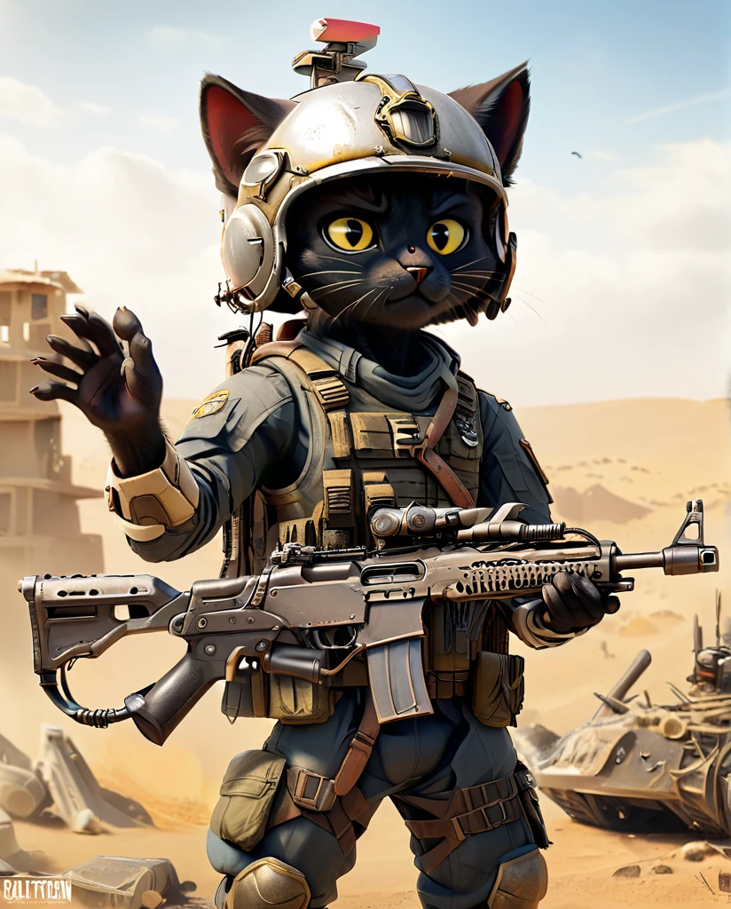 high quality Kitten practicing shooting(Personification) He has a rifle. wearing a helmet Black cat