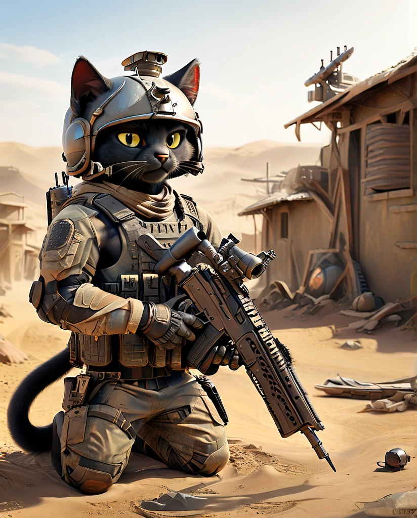 high quality Kitten practicing shooting(Personification) He has a rifle. wearing a helmet Black cat