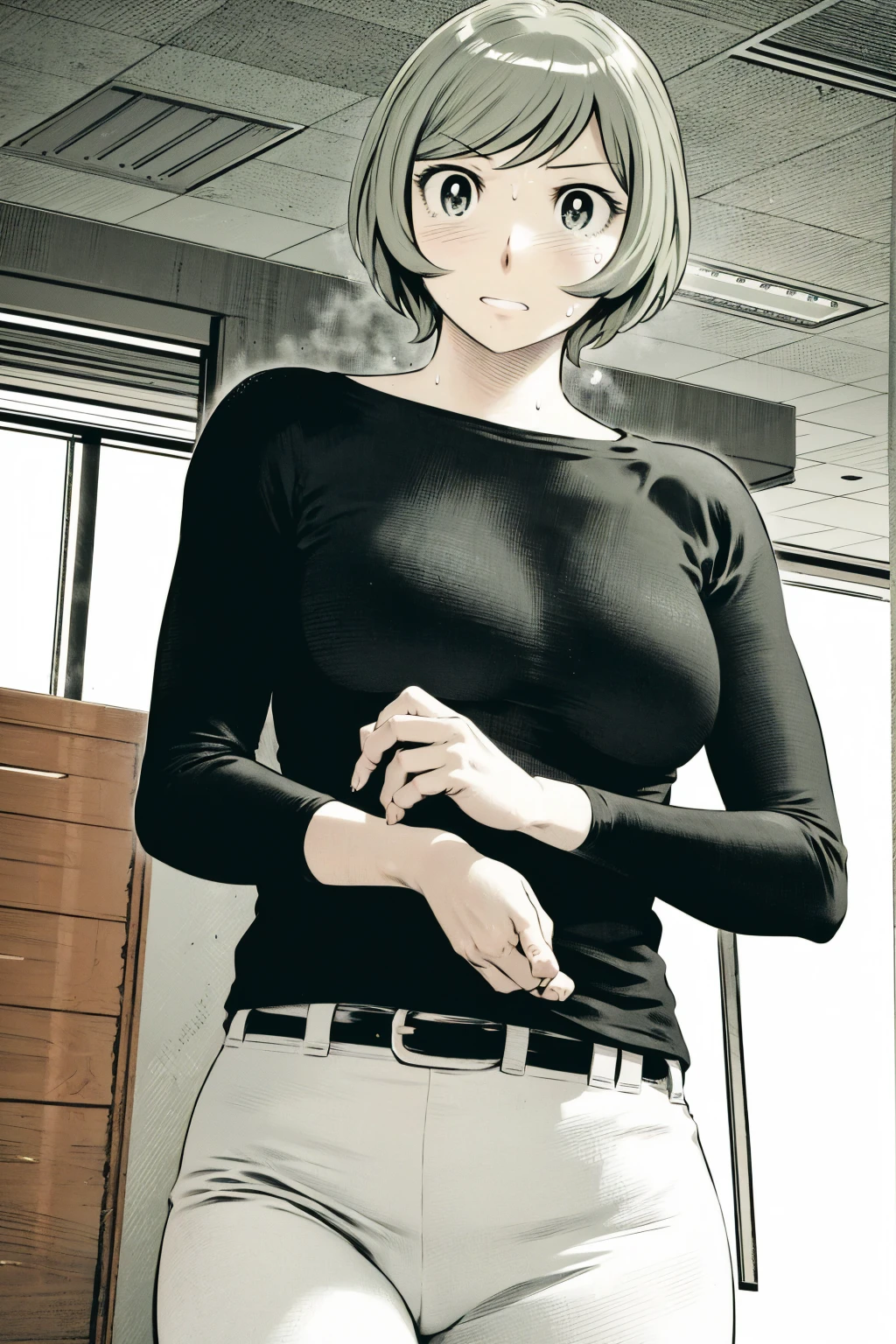 、(masterpiece、Highest quality)、Highest quality, Ultra-high resolution, (((masterpiece))), alone, Sweat、Big eyes,Tight black shirt、Tight white pants、belt、indoor、Composition from the front、（後ろCut your hair short、short hair、blonde、woman）、Shortcuts、Embarrassed face、Cut your hair short、可愛いwomanの子、Big Breasts、office、Baseball Cap