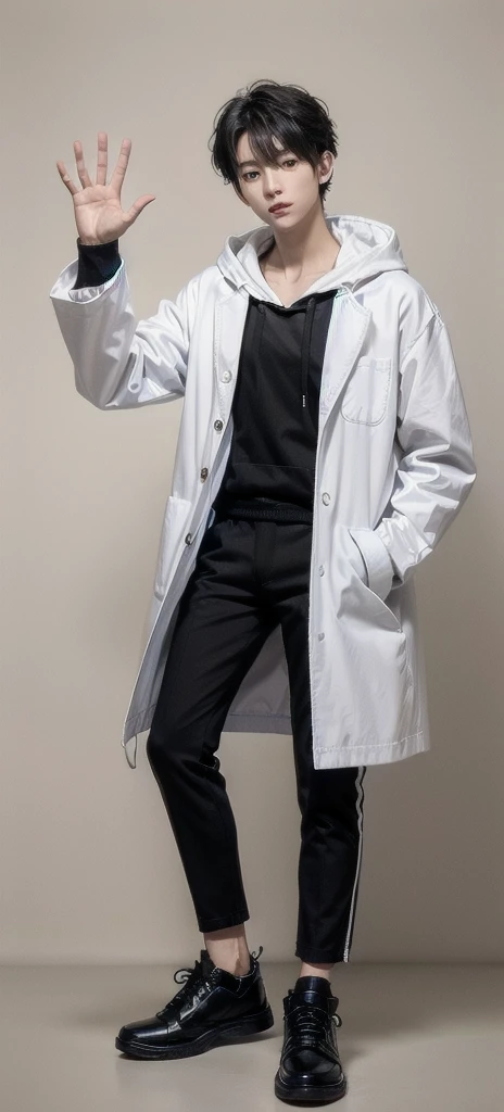 young asian man, Japanese idol style, short clean-cut hair,((open hands)) , ((center part)), (crisp white lab coat:1.3), ((black hoodie underneath:1.7)), (black pants:1.7), (black shoes:1.7), calm confident expression, (holding a product in right hand:1.3), (pointing with left index finger:1.3), explaining pose, plain white background, mid-shot portrait, full body view, high quality, detailed, 8K, (realistic skin texture:1.2), (sharp focus:1.1), (contrast between white coat and black clothing:1.2)