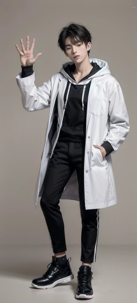 young asian man, Japanese idol style, short clean-cut hair,((open hands)) , ((center part)), (crisp white lab coat:1.3), ((black hoodie underneath:1.7)), (black pants:1.7), (black shoes:1.7), calm confident expression, (holding a product in right hand:1.3), (pointing with left index finger:1.3), explaining pose, plain white background, mid-shot portrait, full body view, high quality, detailed, 8K, (realistic skin texture:1.2), (sharp focus:1.1), (contrast between white coat and black clothing:1.2)