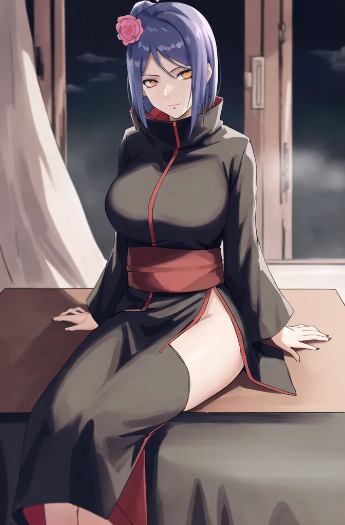 konan \(naruto\), solo, looking_at_viewer, 1girl, closed_mouth, akatsuki outfit, labret piercing, looking at the viewer, robe partially taken off,  (((sitting on the table inside dark room))), night time, busty, large breasts, akatsuki robe with red clouds