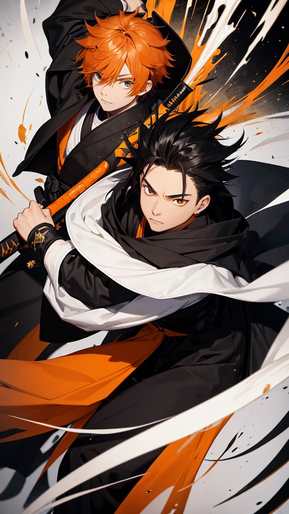 ager. Male. Orange hair. Black irises. Round face. Black samurai robe with gold linings. White overcoat. Giant paint brush as weapon.