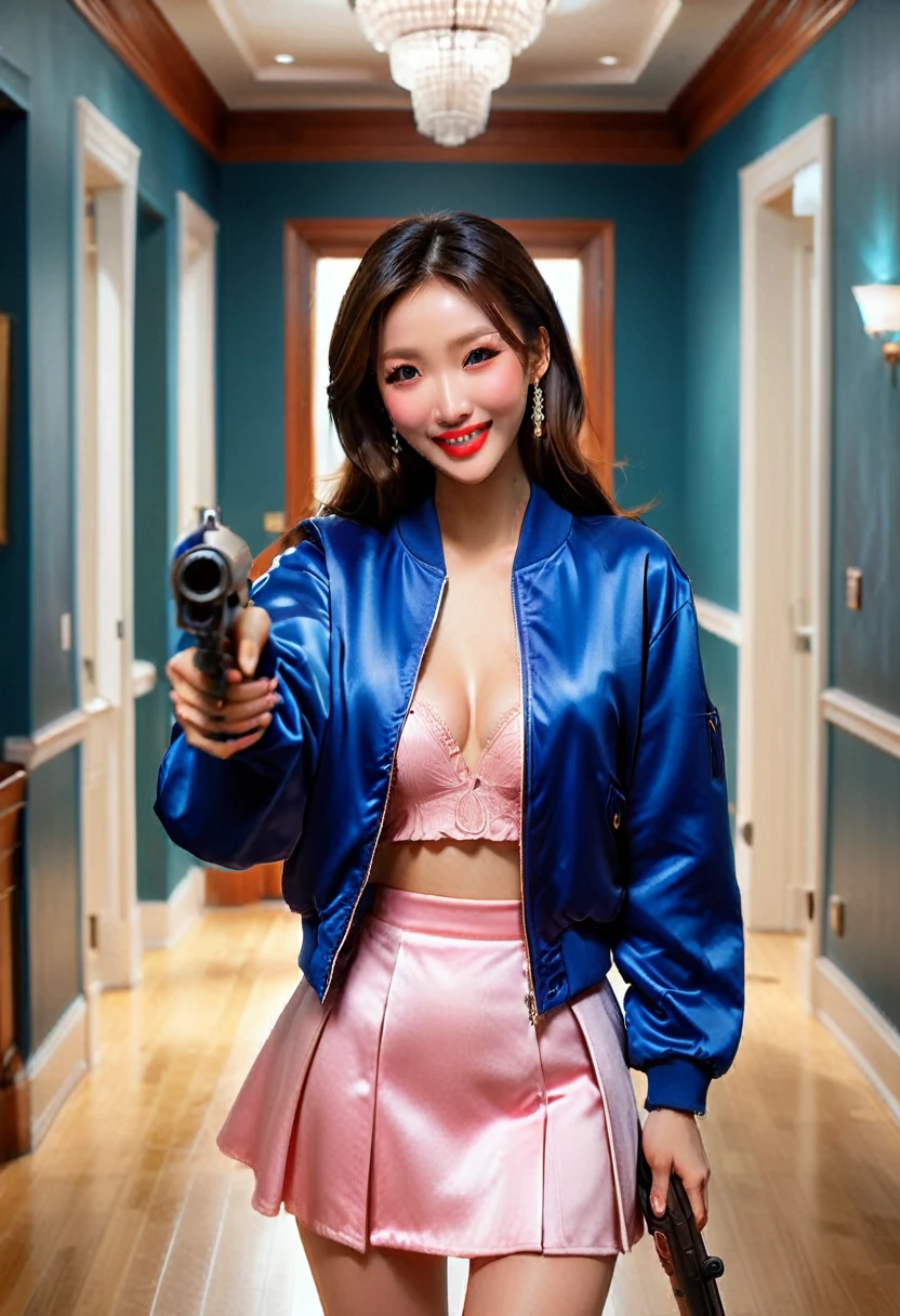 Half body photo, 1 beautiful Asian girl; coy smile, royal blue satin bomber jacket; (holding a shotgun in in her hands:1.6), satin skirt,, long hair,wearing jewelry, natural makeup, extremely detailed eyes and face, lovely smile, delicate blush, sensuous lips, intricate facial details, perfect skin, flawless skin texture perfect, ; standing in a long hallway with many doors, evening lighting, vivid colors, , subtle , dreamy, luxurious atmosphere, low lighting; Super high quality, surreal, 8K, high resolution, masterpiece, detailed, extremely magical, professional cinematic lighting, , vibrant colors; Fine brushstrokes,ethereal vibe,mesmerizing gaze,dreamy atmosphere,blending elegance,subtle color gradients,,understated beauty. In the background several men lay unconscious on the hallway floor