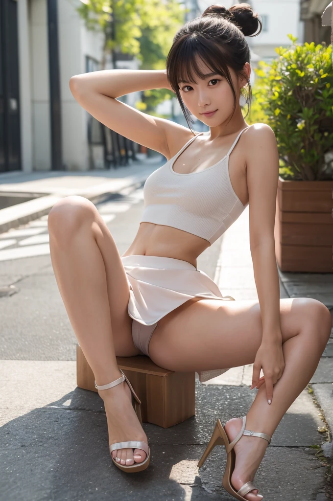 (8K, RAW Photos, Highest quality, masterpiece:1.2), Super detailed, Ultra-high resolution, (Realistic, Photorealistic:1.37) , High-definition RAW color photos, Professional photos, Very delicate and beautiful, Very detailed, 8k wallpaper , (Beautiful and detailed eyes:1.1),(Beautifully detailed face:1.1),Anatomically correct body shape , Fine and beautiful skin,Skin Texture , From Side,Full Body Shot , looking at the camera , Natural light , 1 person , woman , Japanese , 20-year-old , E cup bust , Slim waist , , Shiny Hair , (Bun Hair,bionde:1.15) , Shy Smile , Tank top, (mini skirt:1.15) , , , , (Sit on your heels:1.2) , (Spread legs pose:1.1) , (Show Panties:1.15) , (Knees are high:1.12) , (Emphasize the thighs:1.1) ,(Emphasize the armpit:1.1), Sharp focus , The background is a realistic street