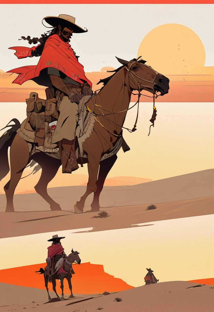 score_9, score_8_up, score_7_up, score_6_up, score_5_up, score_4_up, 1man, Western, Desert, red sun, scorching sun, arid, Horizon, far away, Wild West, red dead Redemption, cartoon art style, Light brown skin, Mexican, poncho, pistol 38, massive mustache, Sombrero, horse, Smoking Cigarette, Long curly hair