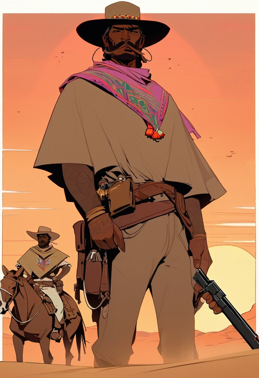 score_9, score_8_up, score_7_up, score_6_up, score_5_up, score_4_up, 1man, Western, Desert, red sun, scorching sun, arid, Horizon, far away, Wild West, red dead Redemption, cartoon art style, Light brown skin, Mexican, poncho, pistol 38, massive mustache, Sombrero, horse, Smoking Cigarette, Long curly hair