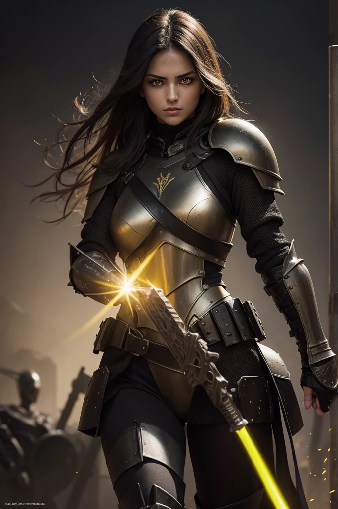 An olive skinned woman with intensely yellow eyes, dressed in full black armour, wielding a dark spear.