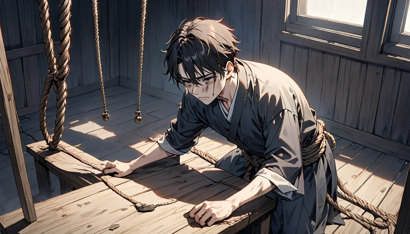 high resolution, An incomparable masterpiece, bad lighting, very dark shadows, depressive expression, Tired appearance, dirty face and too tired, beautiful 25 year old man, His entire body is tied with several ropes to a wooden board in a dark, closed place without lighting. Above him, a large, very sharp pendulum is about to be cut.