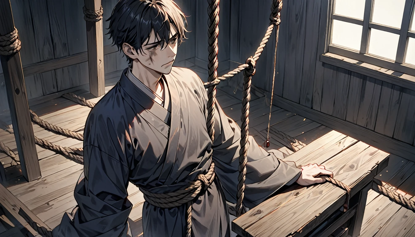 high resolution, An incomparable masterpiece, bad lighting, very dark shadows, depressive expression, Tired appearance, dirty face and too tired, beautiful 25 year old man, His entire body is tied with several ropes to a wooden board in a dark, closed place without lighting. Above him, a large, very sharp pendulum is about to be cut.
