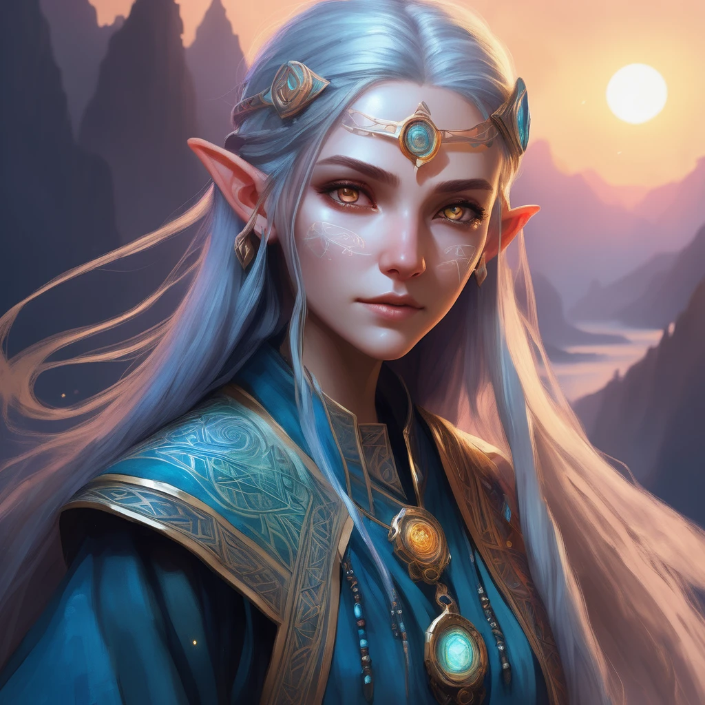 race elf Physical Appearance:

Age: Several centuries old, appears to be in her early 30s

Height: 5'11" (180 cm)

Build: Slender and graceful with an ethereal quality

Hair: Long, flowing silver hair with occasional streaks that shift color based on her magical aura

Eyes: Iridescent, changing colors depending on the plane she's attuned to

Distinguishing features: Intricate, glowing runic tattoos along her arms and neck

Attire: Flowing robes woven from magical threads that ripple with images of different planes