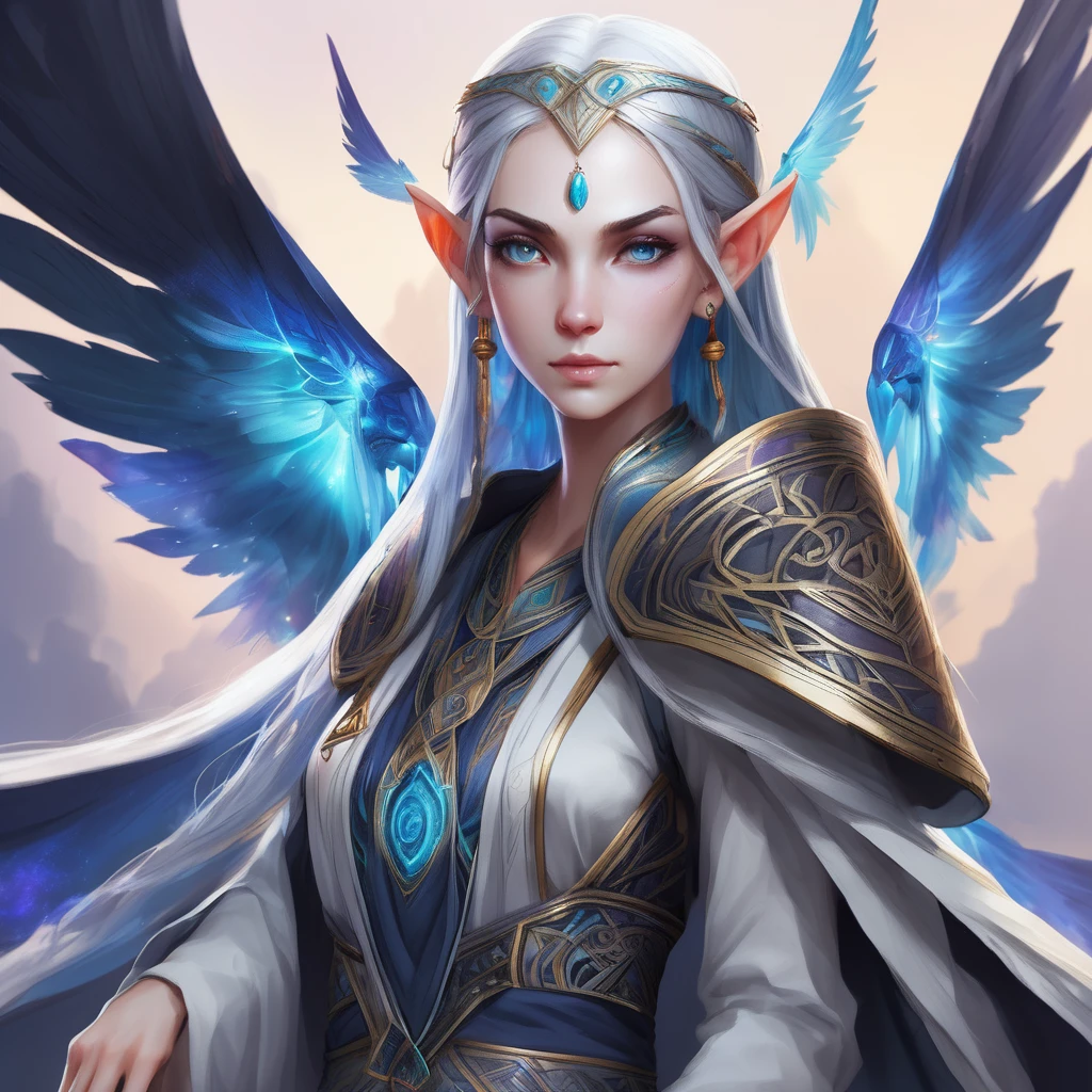 race elf Physical Appearance:
Age: Several centuries old, appears to be in her early 30s
Height: 5'11" (180 cm)
Build: Slender and graceful with an ethereal quality
Hair: Long, flowing silver hair with occasional streaks that shift color based on her magical aura
Eyes: Iridescent, changing colors depending on the plane she's attuned to
Distinguishing features: Intricate, glowing runic tattoos along her arms and neck
Attire: Flowing robes woven from magical threads that ripple with images of different planes