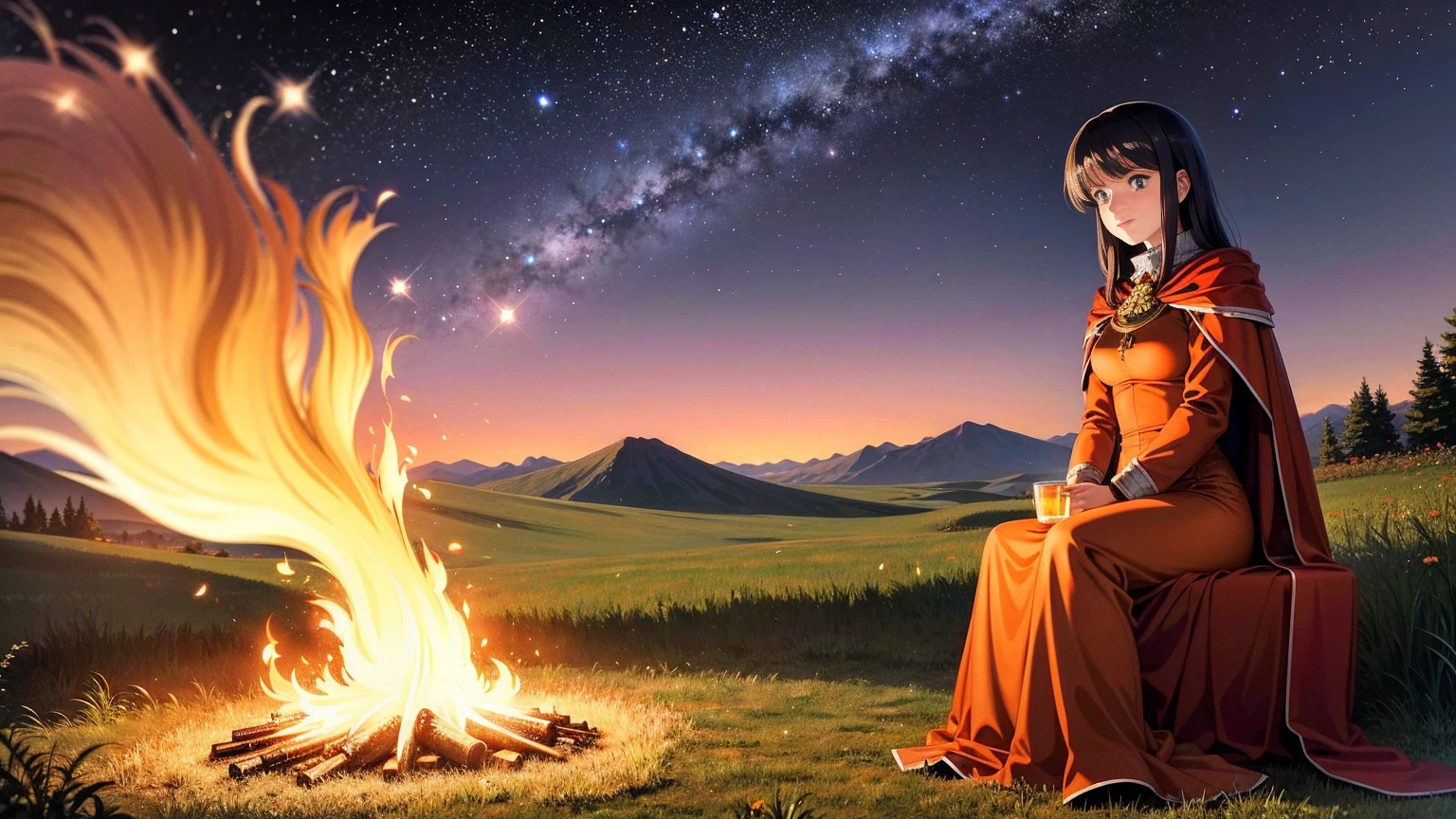 A 16:9 anime-style illustration depicting a female adventurer resting by a campfire on a hill. She is dressed in fantasy attire, including a cloak and light armor. She is sitting by the fire, holding a drink and enjoying a moment of relaxation. The night sky is filled with stars, and the glow of the fire illuminates her face. The hill is covered in grass and wildflowers, and there are distant mountains in the background. The atmosphere is peaceful and serene.