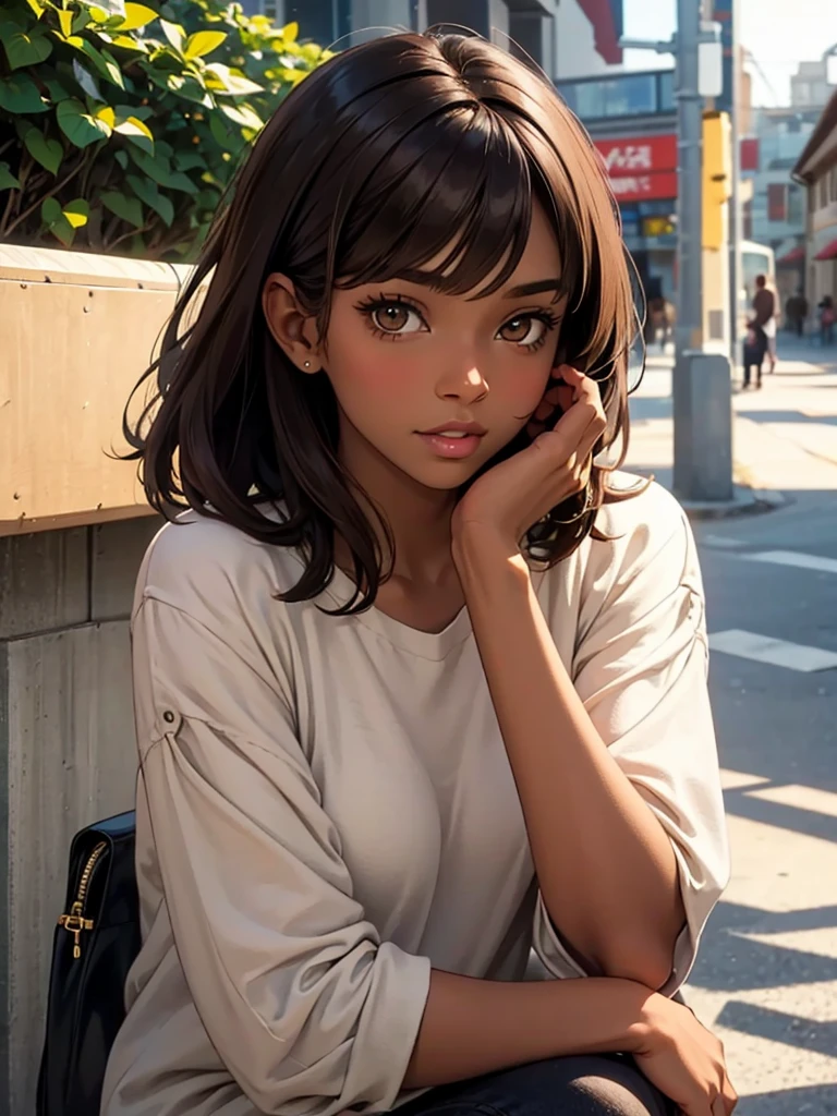 close up, young adult woman, short length brown hair, side bangs, brown eyes, ebony skin, dark skin, casual bright clothes