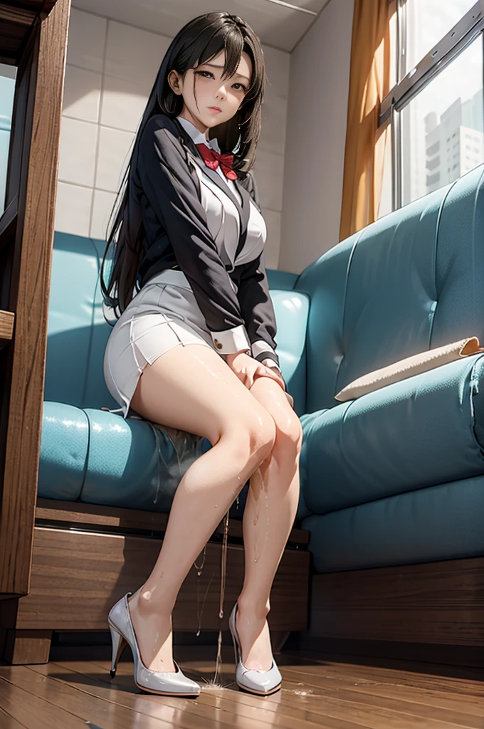 a beautiful waitress in a retro 1950s style uniform, doing a standing split at the bar, having sensual sex through her torn, sheer, ultra-shiny pantyhose, photorealistic, highly detailed, 8k, hdr, cinematic lighting, dramatic shadows, warm tones, ultra-fine rendering
