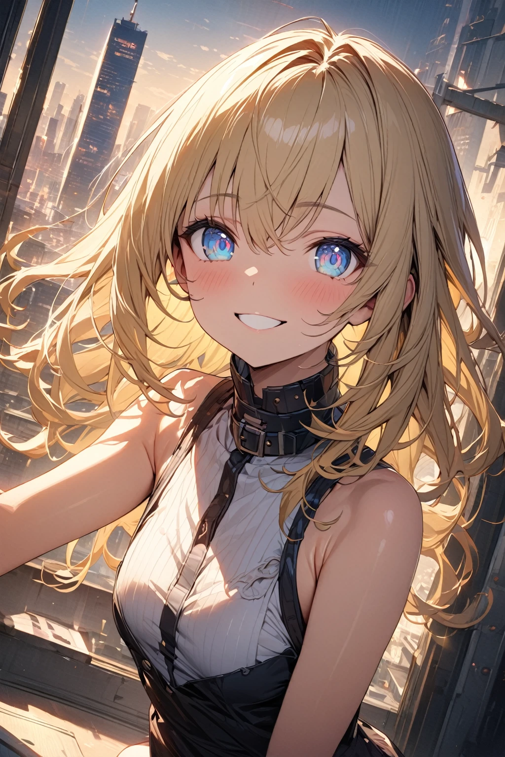 masterpiece, best quality, extremely detailed face, extremely detailed,
cute girl, solo, blonde hair, blue eyes, bright eyes, high neck collar, sleeveless, playful smile, perfect lighting, best angle, city