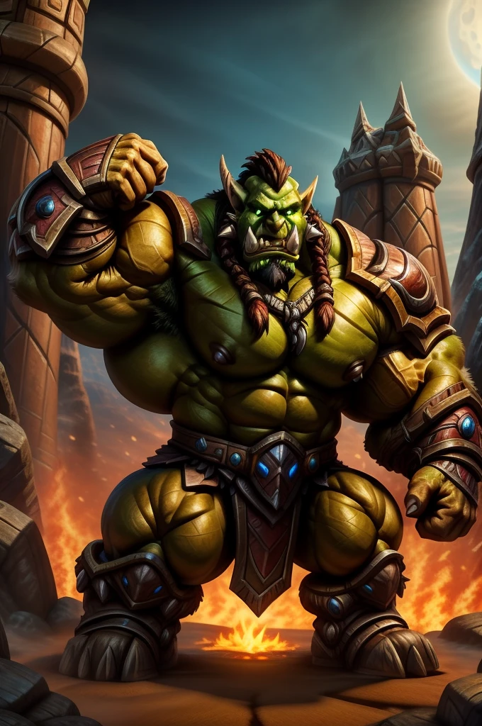 green hyper muscular orc warrior wearing battle armor, bara chest, aggressively flexing, most muscular pose, Blizzard Entertainment, detailed skin, skin blemishes, Warcraft, lighting should be warm and inviting, casting a soft glow and highlighting the rich colors of his flesh, background cinematic Hollywood movie style, light depth of field, vignette, highly detailed, high budget